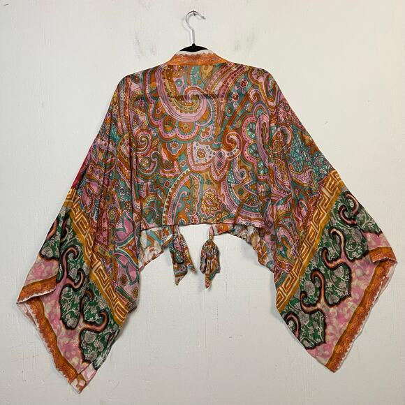 By Anthropologie Tie Front Multicolor Floral Printed Shine Boho Kimono One Size - Picture 7 of 11
